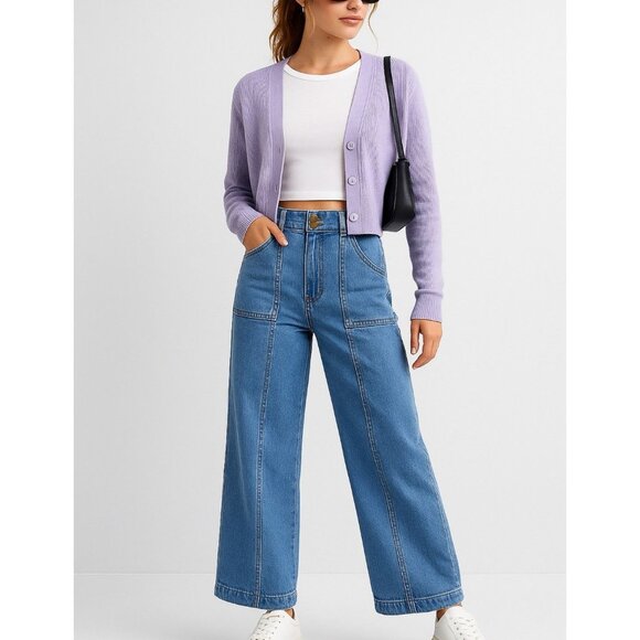 Farmers Market Wide Leg Jeans Womens 8 High Rise Stretch Denim Zip Button Blue - Picture 1 of 9